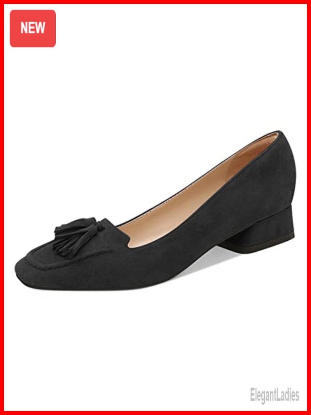Chunky Block Low Heel Loafer Square Toe Tassel Slip On Faux Leather Pumps